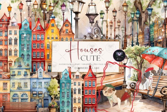 Cute Houses Clipart Watercolor: Illustrations for Branding