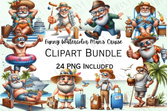 Funny Watercolor Old Man Cruise Illustrations