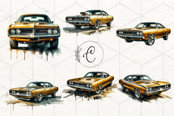 Gold Muscle Car Bundle Watercolor PNG Illustrations Review
