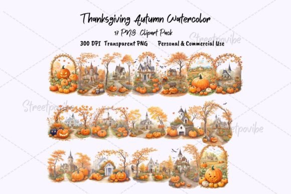 Thanksgiving Pumpkin Watercolor Clipart: Editorial Illustrations