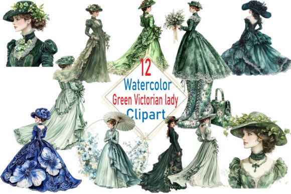Victorian Green Blue Dress Watercolor Illustrations Review