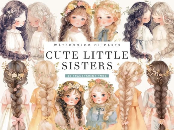 Watercolor Cute Little Sister Clipart Illustrations
