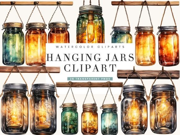 Watercolor Hanging Jars Clipart Bundle Illustrations