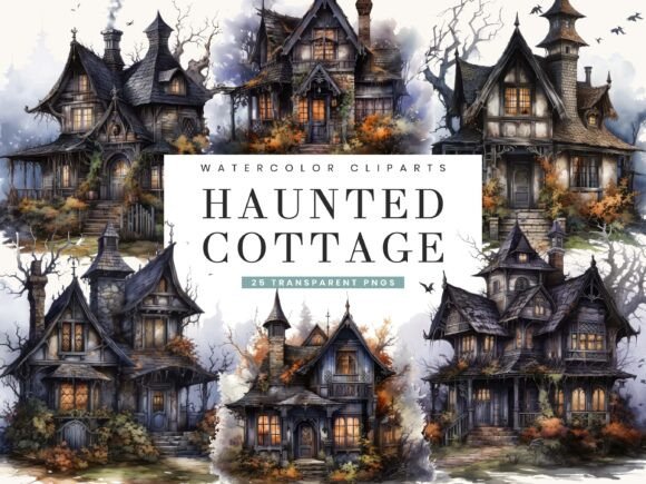 Watercolor Haunted Cottage Clipart for Illustrations