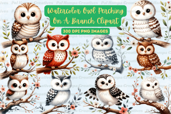 Watercolor Owl Perching on a Branch Illustrations
