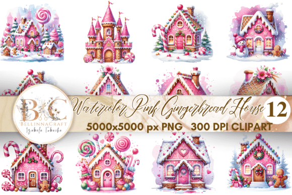 Watercolor Pink Gingerbread House PNG Illustrations