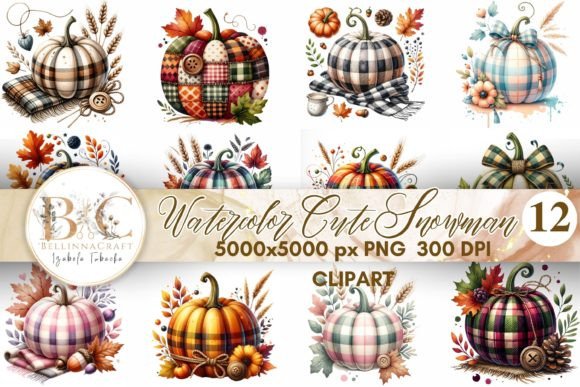 Watercolor Plaid Pumpkins Clipart: Editorial Illustrations