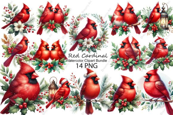 Watercolor Red Cardinal Clipart Bundle: Editorial Illustrations