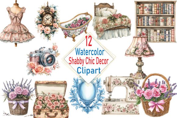 Watercolor Shabby Chic Victorian Decor Illustrations