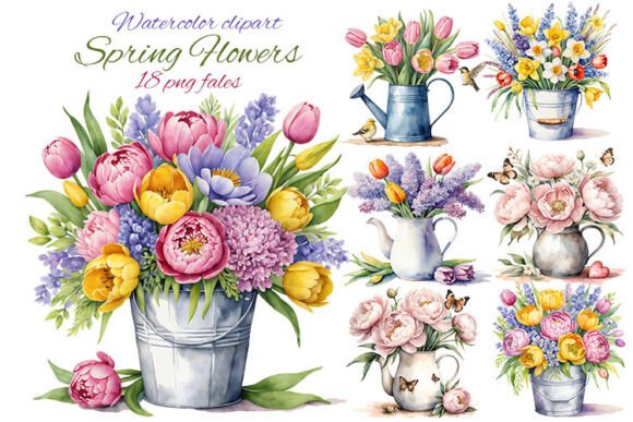 Watercolor Spring Flowers in a Vase Illustrations