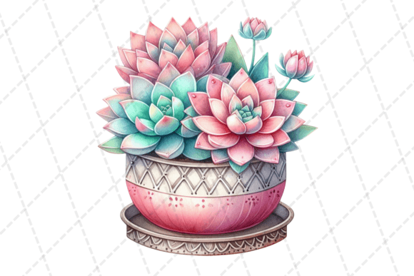 Watercolor Succulent in a Decorative Pot Illustrations