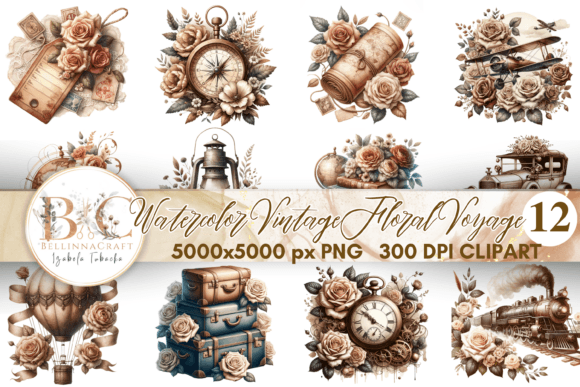 Watercolor Vintage Floral Voyage Clipart Illustrations