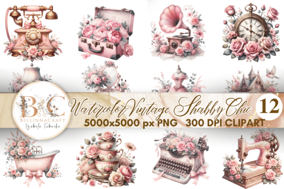 Watercolor Vintage Shabby Chic Clipart Illustrations