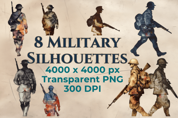 WW1 Soldier Silhouette Watercolor Rifle Illustrations